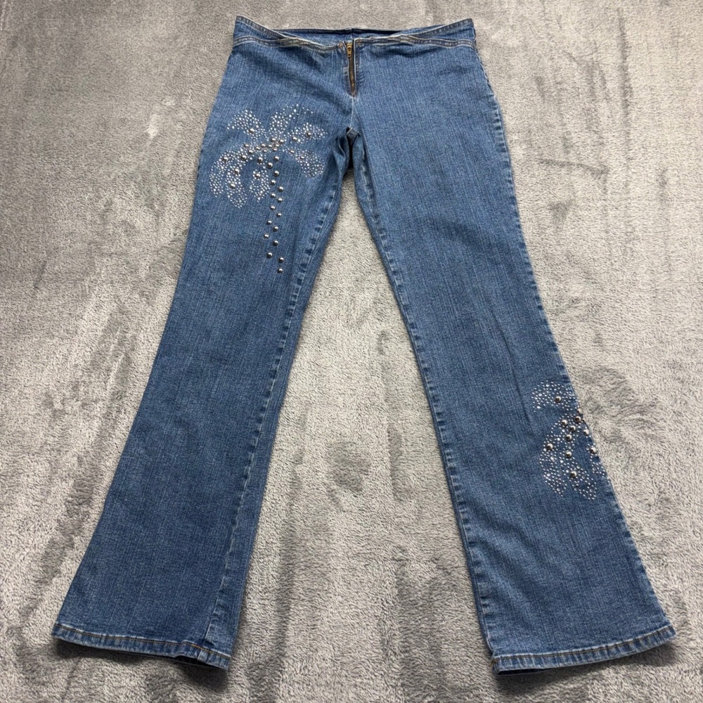 Unbranded Flare Jeans Women Size 32 Blue Good Rhinestone Palm Tree Studded Y2K